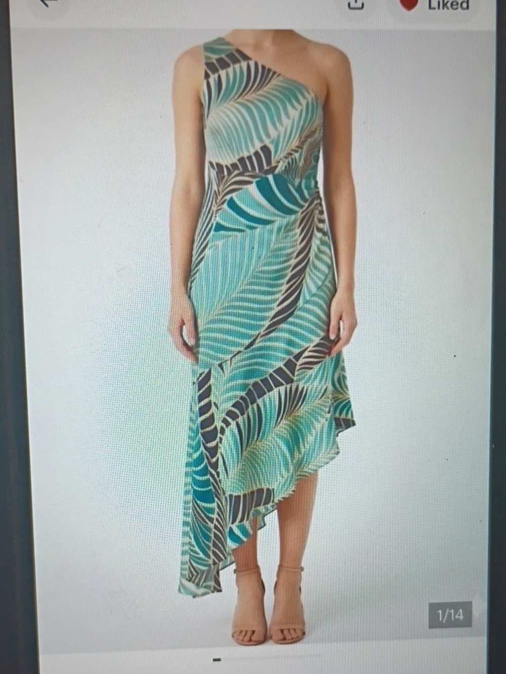 Maggy London Teal and Black Midi One-Shoulder Tropical Print Dress